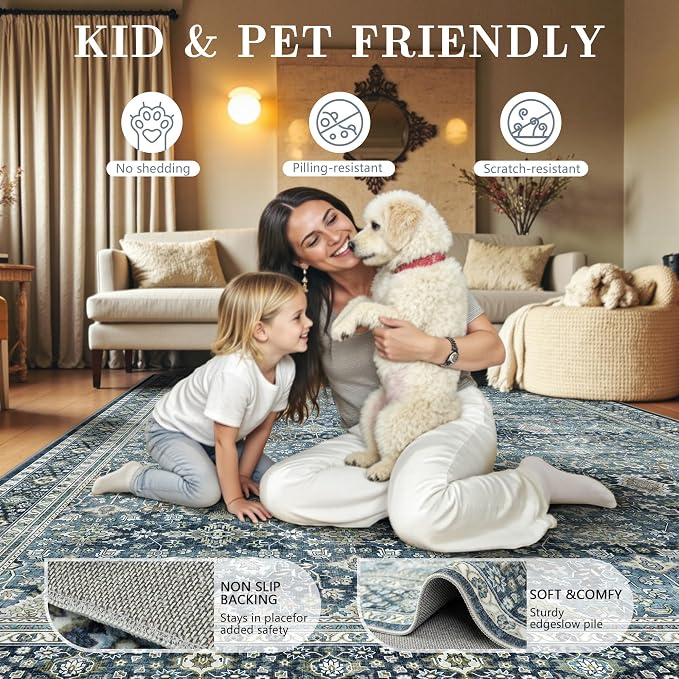 8x10 Area Rugs for Living Room - Washable Vintage Retro Large Rug, Soft Ultra Thin Non Slip Low Pile Traditional Distressed Boho Carpet for Bedroom Dining Room Home Office, Blue