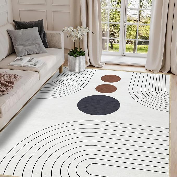 Boho Rug 4x6 Modern Geometric Minimalist Abstract Area Rug for Living Room Ivory Cream Mid Century Modern Contemporary Machine Washable Non-Slip Printed Low-Pile Carpet Dining Room Bedroom Office