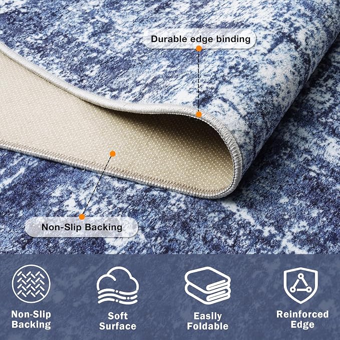 10x14 Washable Area Rug for Living Room Bedroom: Non-Slip Modern Navy Blue | Machine Washable TPR Backing, Stain-Resistant Low Pile, Pet & Kid Friendly, Abstract Decor for Dining Room, Dorm, Home Office