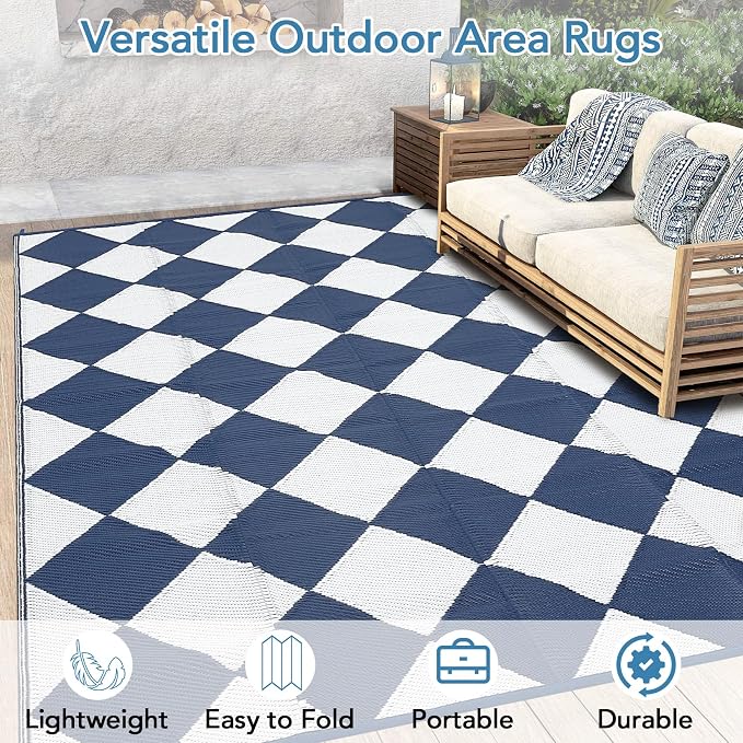 Garvee 9x12 Outdoor Rug for Patio Plastic Straw Rug Waterproof Reversible Mat Lightweight Foldable Carpet Easy Clean Large Rugs for Patio Porch Backyard Camping RV Beach Balcony Deck Checkered Navy