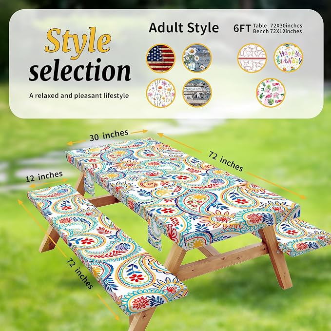 Picnic Table Cover with Bench Covers Elastic,Fitted Table Cloths for Rectangle Tables 6 Foot Washable,Waterproof Tablecloth for Outdoor Camping Essentials Accessories(6 Foot,Paisley