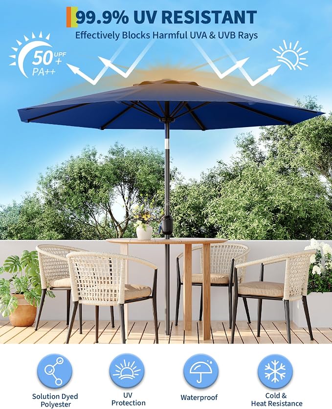 10FT Patio Umbrella Outdoor, Market Umbrella, Table Umbrella with Push Button Tilt and Crank, 8 Sturdy Ribs UV Protection Waterproof for Garden, Pool, Deck, Backyard (Navy Blue)