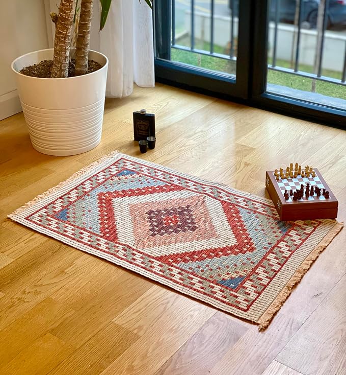 Secret Sea Collection: Modern Kilim Series Small Area Rug, Washable, Reversible, Cotton (2 x 3 feet, Dawn of Light)