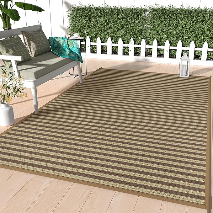 GENIMO Outdoor Rug for Patio Clearance, 6'x9' Reversible Plastic Straw Rugs, Lightweight Waterproof RV Camping Mat for Camper, Balcony, Deck, Backyard, Picnic, Brown & Beige