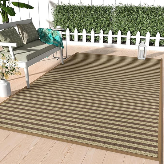 GENIMO Outdoor Rug for Patio Clearance, 6'x9' Reversible Plastic Straw Rugs, Lightweight Waterproof RV Camping Mat for Camper, Balcony, Deck, Backyard, Picnic, Brown & Beige