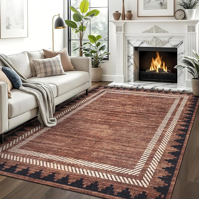 GarveeHome Extra Large Area Rug 10x13 Washable Rug Non Slip Stain-Resistant, Modern Geometric Border Carpet, Non Shedding Low Pile Floor Covering, Soft Neutral Mat for Open Spaces Offices, Brown
