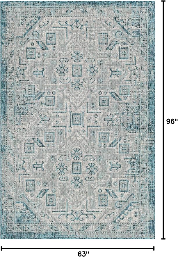 Unique Loom Outdoor Aztec Collection Area Rug - Coba (5' 3" x 8' Rectangle, Teal/ Ivory)