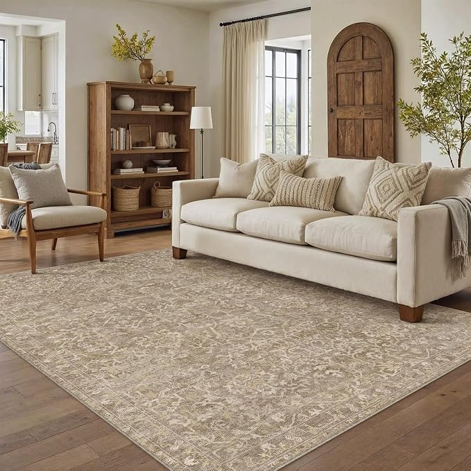 5x7 Light Brown Vintage Floral Washable Area Rug for Living Room | Low Pile, Non Slip, Retro Style, Soft Distressed Indoor Rug for Bedroom, Dining Room, Kitchen, Entrance, Home Decor