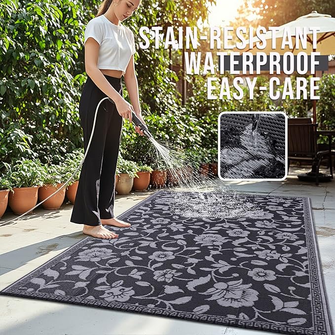 OLANLY Waterproof Outdoor Rug 4x6 ft, Outdoor Plastic Straw Rug with Flower Pattern, Reversible RV Mat for Patio, Camping, Balcony, Deck, Backyard, Black & Grey