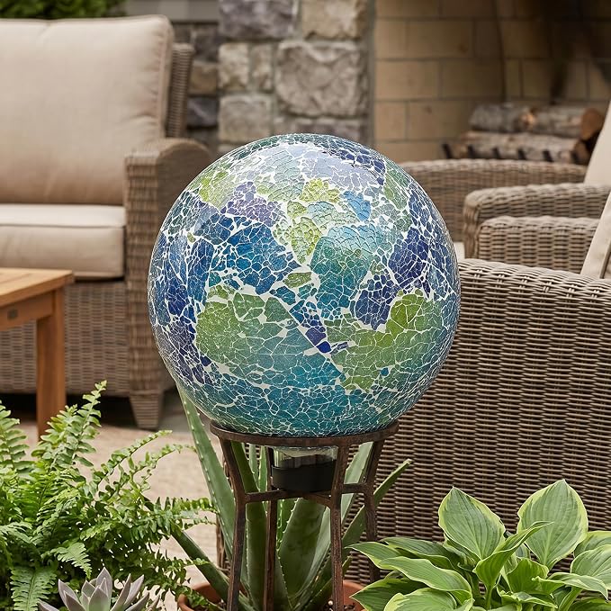 Sunnydaze 10" Mosaic Glass Gazing Ball for Garden, Globe for Outdoor Decor | Azul Terra, Decorative Sphere Fits Most Stands, Garden Ball for Outside, Flower Bed, Backyard, or Indoor Display