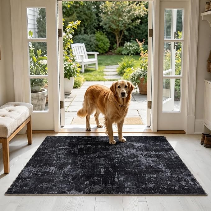 Sasttie 3x5 Entryway Area Rug, Modern Abstract Small Carpet, Black & Grey | Machine Washable, Ultra-Soft Faux Wool, Non-Slip, Low Pile, Throw, Thin, for Entrance, Door-Mat, High-Traffic Areas
