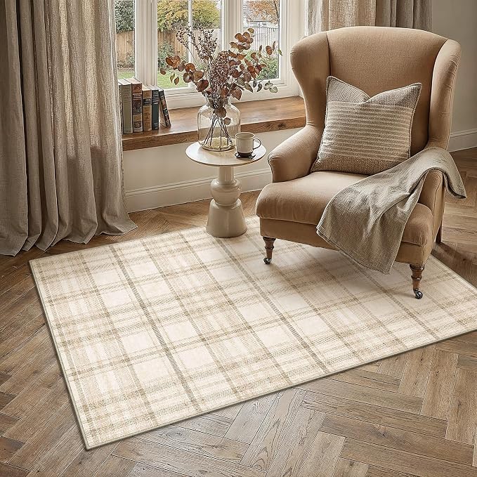 4x6 Beige Plaid Bedroom Area Rug | Washable, Low Pile, Modern, Neutral, Soft, Non Slip, Rug for Living Room Dining Room Nursery Office Indoor Home Decor