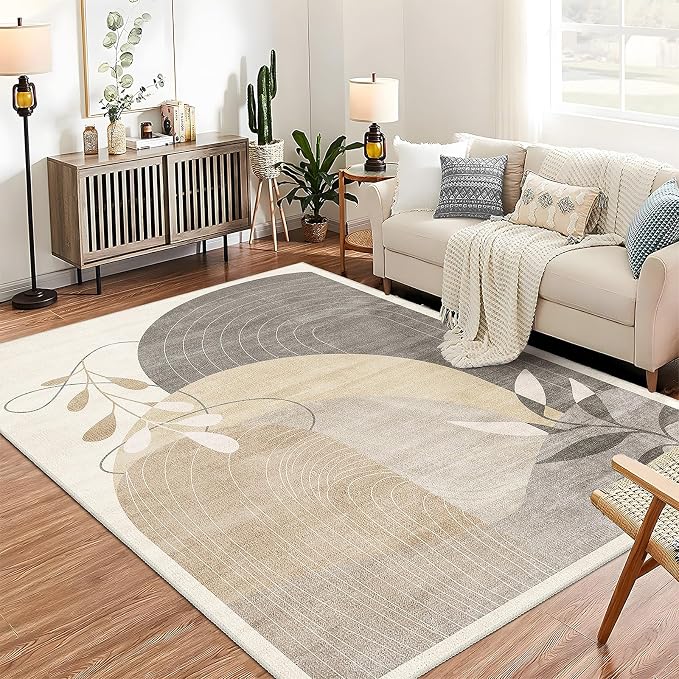 5x7 Area Rugs Washable Low Pile Non Slip Mid Century Modern Large | Machine Washable Throw Carpet for Living Room Bedroom Office Dining Room Boho Abstract Retro Geometric Neutral Beige