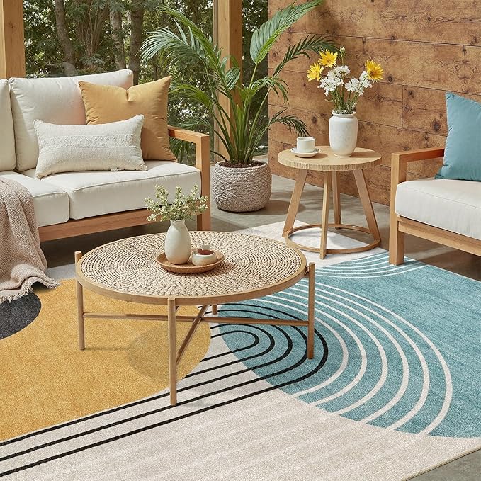 DCX Abstract Washable 10x13 Rug, Non Slip Low Pile Rug, Blue & Yellow | Rugs for living room, bedroom, dining room, office, soft, mid century modern rug, sain resistant indoor carpet, home decor