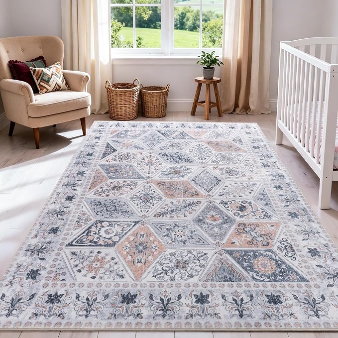 Moroccan Boho Floral Geometric Patchwork Washable 9x12 Large Rug | Vintage Distressed Non Slip Throw Carpet for Bedroom Livingroom Kitchen Hallway Entryway Office Dining Room Docer Light Grey