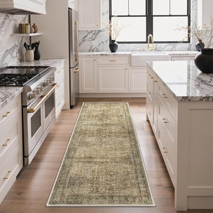 2'6" x 8' Kitchen Runner Rug, Washable Non Slip, Brown Olive | Vintage Floral Design, Spill Resistant Lightweight Low Pile Carpet for Hallway, Bedroom, Laundry Room, Bathroom