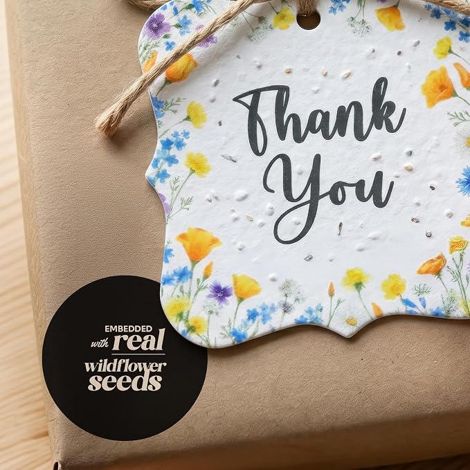 48Pcs Plantable Square Thank You Tags with Wildflower Seeds - 4 Floral Designs (12 Each) Writable Favor Tags for Birthdays, Weddings, Bridal Shower, Mom Gifts, Party Favors & Gift Wrapping