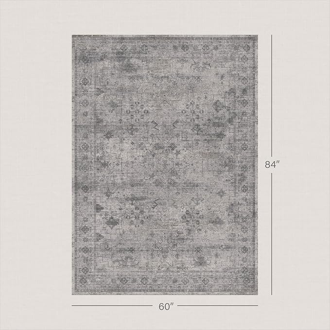 Washable 5x7 Modern Dusty Grey Area Rug for Dining Room Under Table, Bedroom, Minimalist Neutral Scandinavian Distressed Geometric Large Rugs for Living Room, Stain Resistant Low Pile Anti-Slip