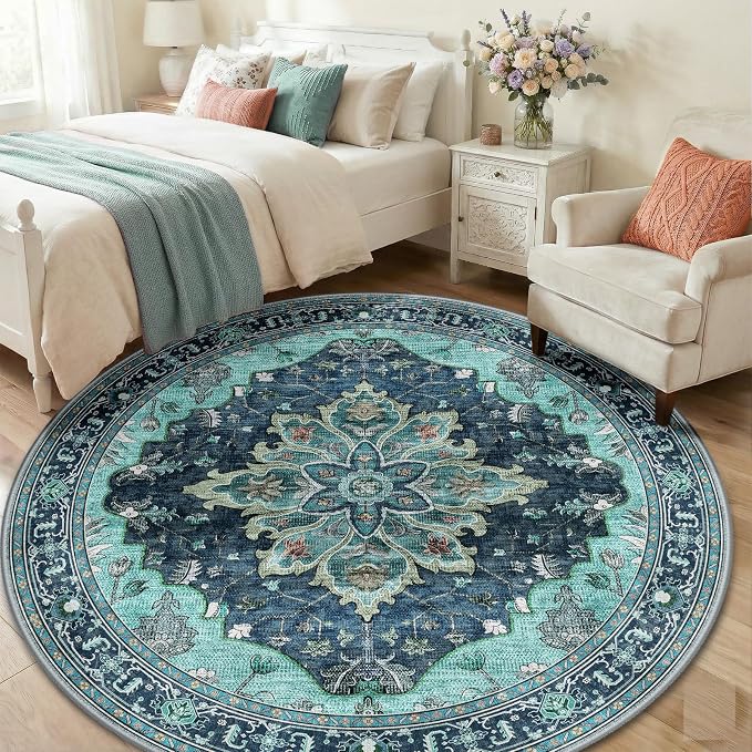 RELEANY Washable Area Rug, Round 6ft, Teal | Non-Slip, Water Repellent, Pet Friendly, Easy to Clean, Vintage Floral Boho Decor for Living Room Bedroom Dining Room