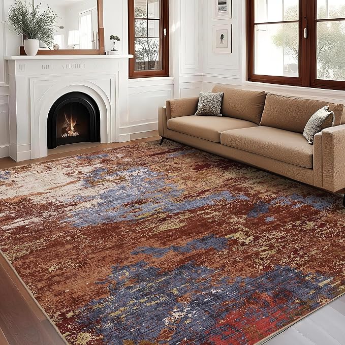 GarveeHome Colorful Rug 9x12 Large Neutral Dining Room Rug Red | Non-Slip Backing, Stain-Resistant Low Pile Floor Cover, Colorful Indoor Mat, Bedroom, Kitchen, Laundry