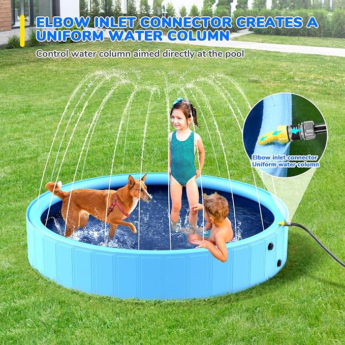 63'' Foldable Dog Pool, Sprinkler Pool for Kids, Non-Slip Heavy Duty Dogs Splash Pad for Small Dogs, Hard Plastic Kiddie Bathtubs for Backyard（2XL-162Gal）