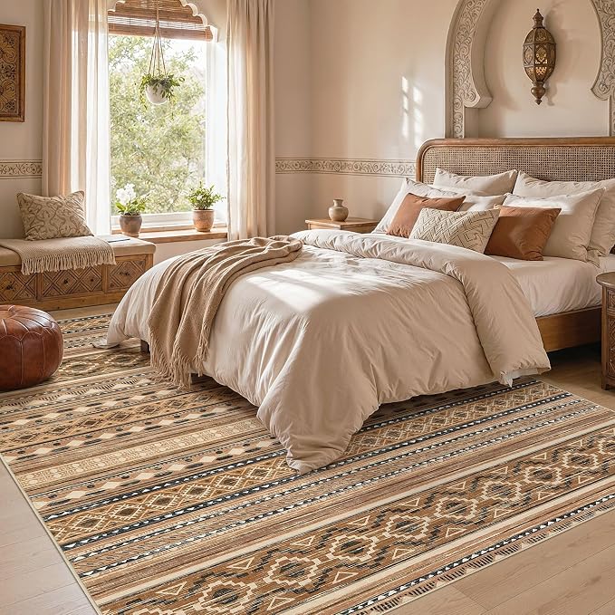 cotiled Boho 5x7 Area Rugs for Living Room: Soft Moroccan Washable Rug | Solve Modern Neutral Trendy Home Decor - Stain Resistan Indoor Carpet for Bedroom Dining Room Brown Beige