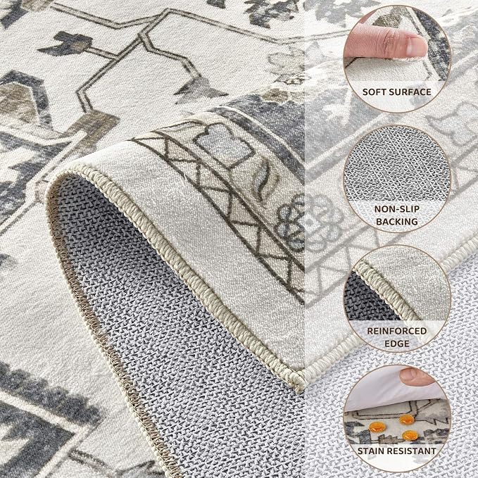 Vintage Washable 10x14 Area Rug for Living Room, Heathered Grey | Soft Low Pile Rug with Non-Slip Backing, Stain Resistant for Bedroom or Dining Room, Kid & Pet Friendly
