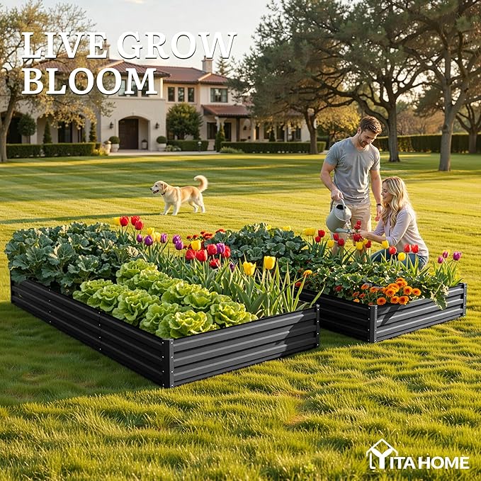 YITAHOME 2pcs 8x4x1ft Galvanized Raised Garden Bed, Metal Planter Box with Safety Rubber, Gloves, Outdoor Flower Bed for Planting Plants Vegetables, Black