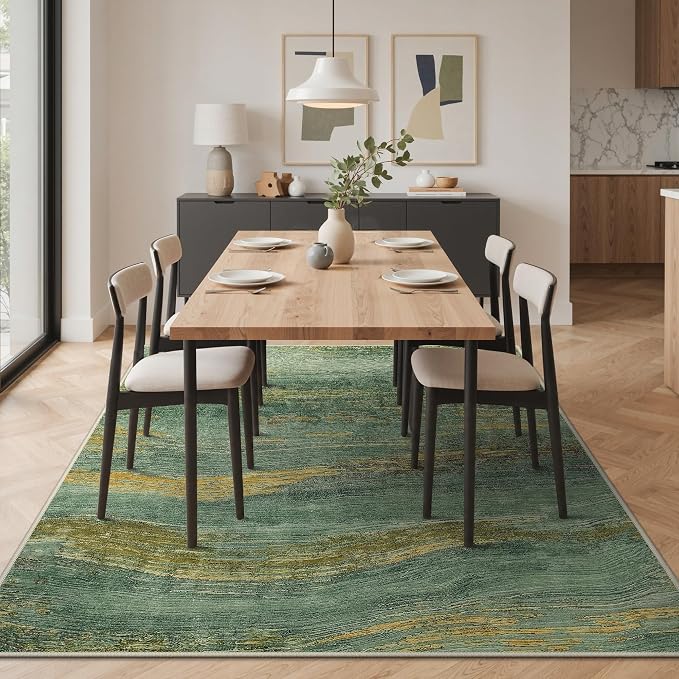 BEIMO 9x12 Washable Area Rug for Living Room, Wave Abstract Teal Gold | Soft Machine Washable Modern Rug,Streaks Pattern Non Slip Indoor Carpet for Dining Room Playroom Bedroom Office
