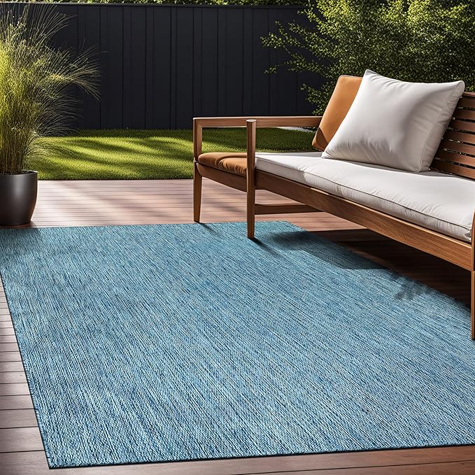 Beverly Rug Indoor Outdoor Rug 9x12, Washable Outside Carpet for Patio, Deck, Porch, Solid Modern Area Rug, Water Resistant, Aqua Blue