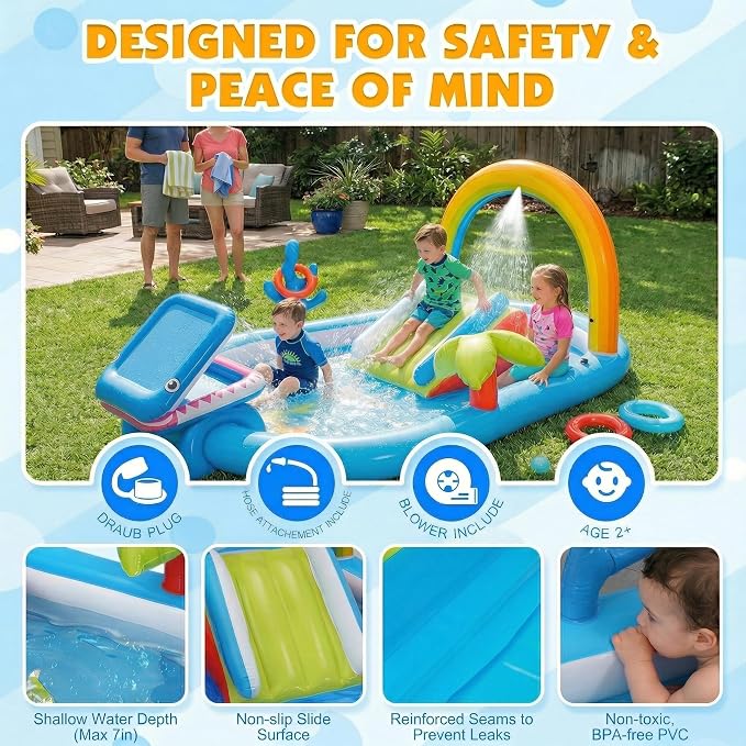 Inflatable Kiddie Pool with Slide, Water Sprayer, Waterfall, 98 × 64 × 39in Kids Play Center Water Park for Summer Outdoor Splash, Backyard and Garden (Rainbow Without Blower)