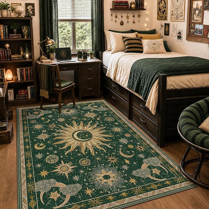 Vacuum-Friendly, 5x7 Washable Area Rug, Green Gold Yellow | Sun and Moon Boho Gothic Non-Slip Low Pile Living Roon Bedroom Dining Room Kitchen Entry Entryway Entrance Hallway Doormat