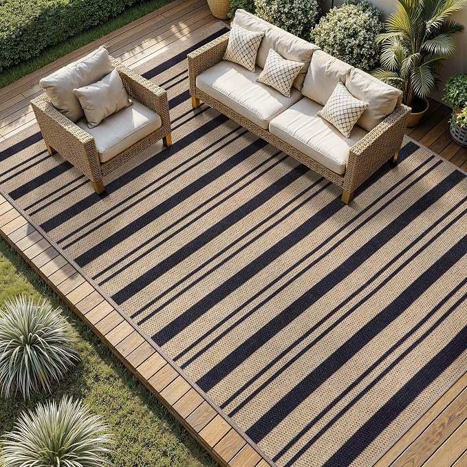 Tangsoo Easy Jute 8x10 Rug for Living Room,Washable Non-Slip Outdoor Carpet | Modern Large Striped Thin Carpet,Farmhouse Low Pile Office Mat for Backyard Dining Room Patio Sunroom Home Decor