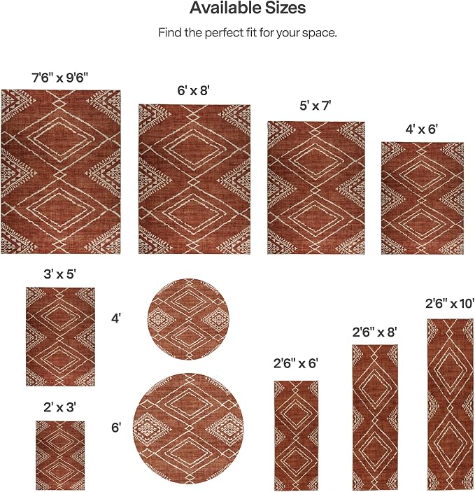 Machine Washable Area Rug - Living Room Bedroom Bathroom Kitchen Entryway Office - Padded Low Pile Stain Resistant Premium - Moroccan Diamond Tribal - Jax - Orange 5' x 7'
