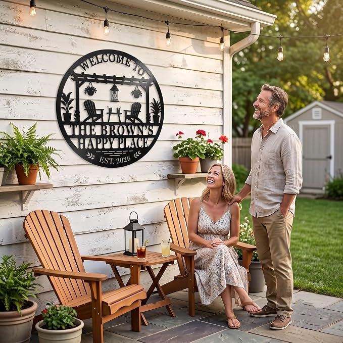 Personalized Happy Place Metal Sign, Custom Patio Sign for Outdoor Wall Decor, Oasis Sign for Porch Backyard Garden Pool House, Round Metal Sign, Housewarming Gift