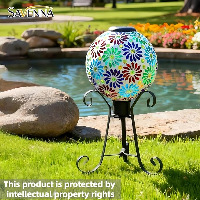 SAVENNA Mosaic Solar Gazing Ball 10 Inch,Glass Garden Globe with Auto On/Off for Yard, Lawn & Outdoor Decor,Multi-Color