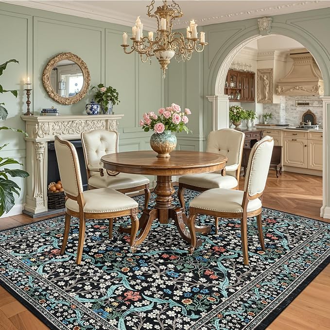 GarveeHome 8x10 Area Rugs, Washable Rugs for Living Room Non Slip Stain Resistant Ultra Soft Floral Rug, Boho Carpet Floor Mat for Bedroom Dining Room Nursery Playroom Office, Black