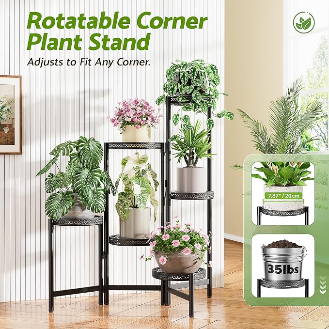Metal Plant Stand Indoor Outdoor, 6 Tier Tall Flower Pot Holder Potted Display Rack Shelf, Heavy Duty Corner Plant Shelf for Patio Garden Balcony Living Room Bedroom - BlackS