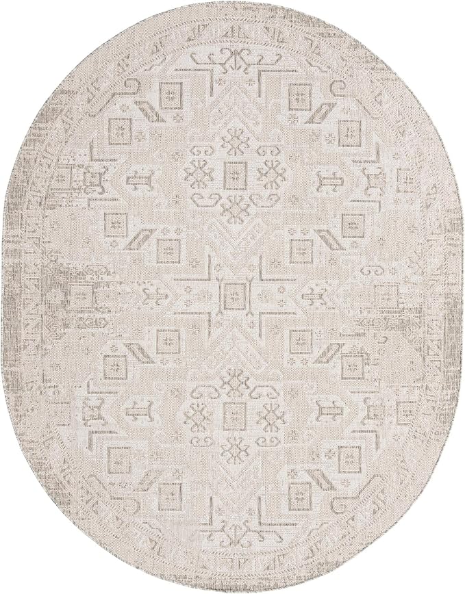 Unique Loom Outdoor Aztec Collection Area Rug - Coba (7' 10" x 10' Oval, Light Gray/ Ivory)