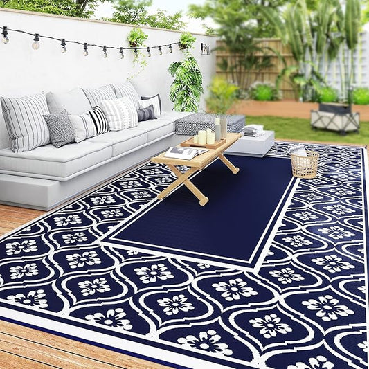 Outsunny Outdoor Rug for Patio, 9' x 18' Waterproof Large Mat, Reversible Plastic Straw Rug for Decor, Portable Outside RV Camping Area Carpet Mat for Backyard Porch Deck Picnic, Blue & White Gourd