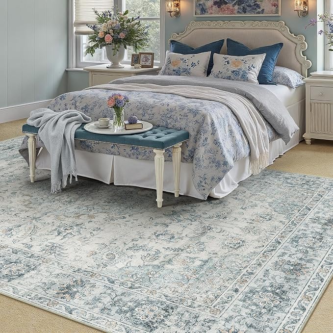 HUGEAR Area Rug 5x7 Machine Washable Living Room Rugs Light Blue Distressed Vintage Floral Low Pile Carpet Bedroom Office Dining Room Laundry Room Non Slip Soft Lightweight