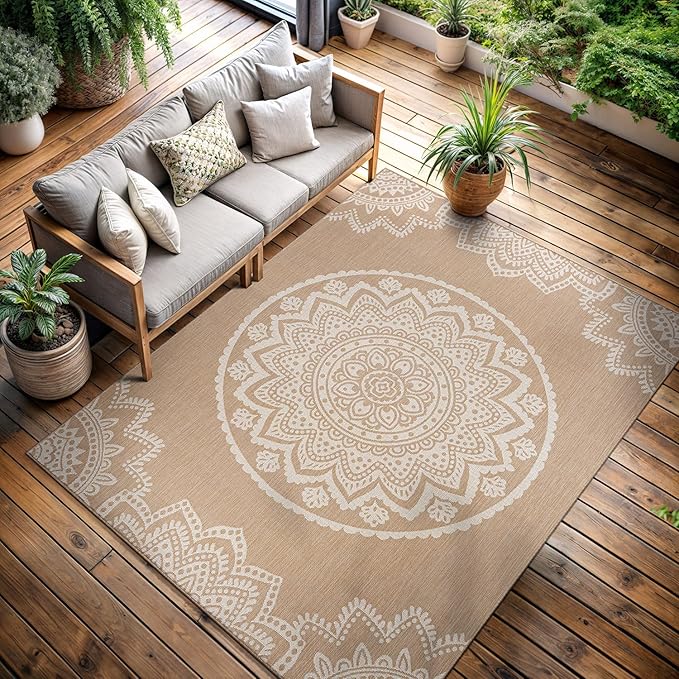 CAMILSON Outdoor Rug 10x14 Modern Area Rugs for Large Indoor and Outdoor Patios and Porches - Washable, Non-Shedding, Easy-to-Clean Outside Carpet (10 x 14, Medallion - Beige/White)