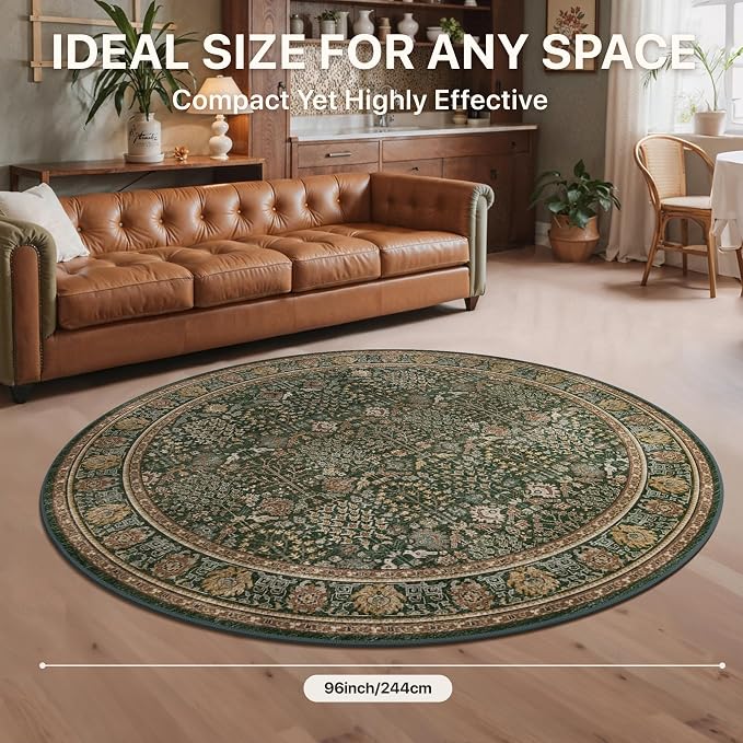 8ft Round Area Rug 8x8, Washable Non Slip, Dark Green Brown | Vintage Floral, Spill Resistant, Lightweight Low Pile Non-Shedding Carpet for Bedroom, Nursery and Dining Room