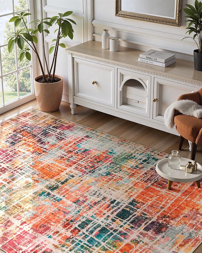 Beeiva Abstract Rugs for Bedroom 4x6, Modern Washable Non Slip Rug Non Skid, Ultra Thin Foldable Soft No Shedding Carpet for Living Room Bathroom Playroom Office - Multicolor