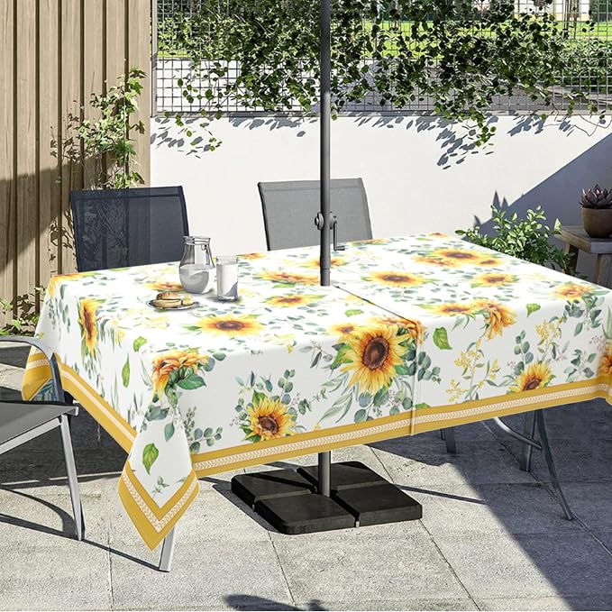 Outdoor Tablecloth with Umbrella Hole and Zipper, Rectangle Patio Table Covers for Spring/Summer, Machine Washable Outdoor Picnic Table Cloth (Sunflower, 60" × 120" Rectangular)