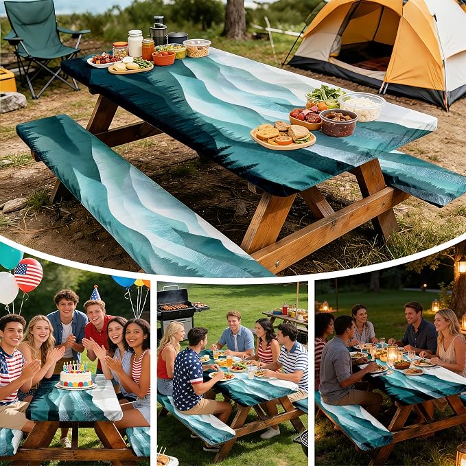 NYZE 3 Piece Picnic Cover Set Table Cover with Bench Covers, Elastic Edge Camping Tablecloth, Mountain Decorative Cover with Drawstring Bag, Camping Essentials for Outdoor Picnics, Patio, BBQ