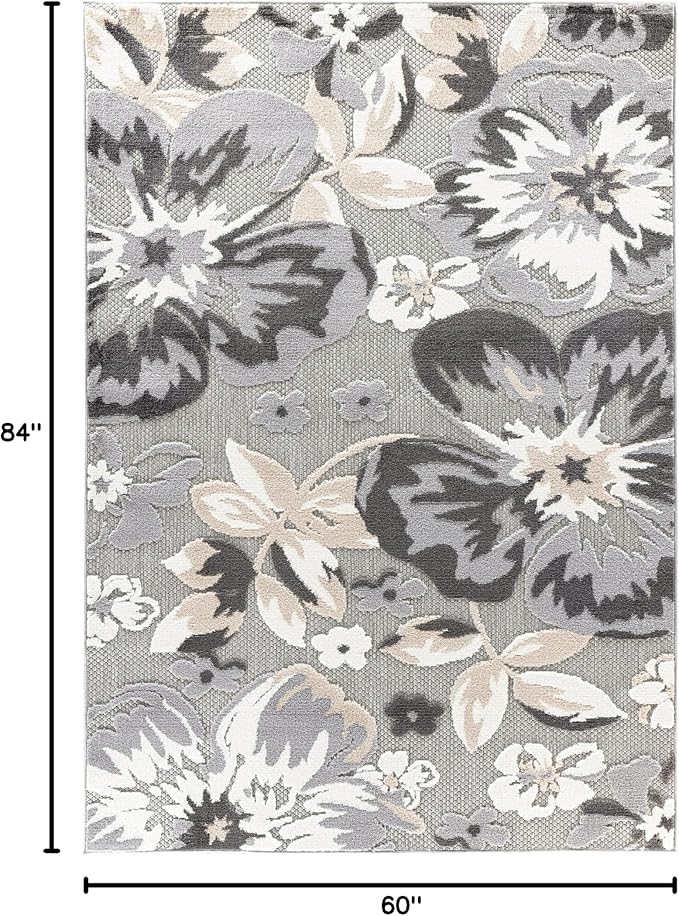 Rugshop Bergamo Contemporary Floral Non-Shedding Easy Cleaning Patio Deck Backyard Indoor/Outdoor Area Rug 5' x 7' Gray