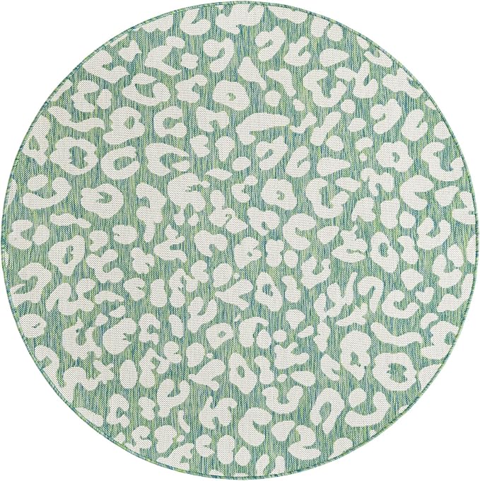 Unique Loom Outdoor Safari Collection Area Rug - Leopard (5' 3" Round Green Blue/Ivory)