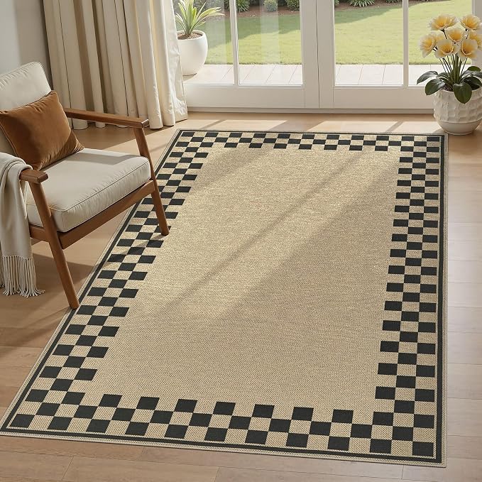 UERMEI 4x6 Outdoor Jute Area Rug Patio Neutral Washable Checkered Brown | Easy Non Slip Pet Friendly Indoor Farmhouse Carpet for Living Room Bedroom Dining Backyard