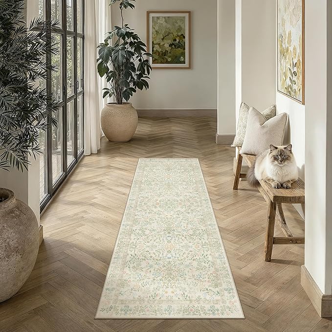2x6 Light Green Floral Runner Rug Vintage Farmhouse Style | Washable, Non Slip, Soft Low Pile, Hallway Carpet for Kitchen, Entryway, Laundry Room, Botanical Decor